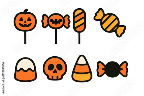 Halloween candy icon set. Minimalist sweet treats collection for trick or treat. Vector cartoon illustration of pumpkin, skull, bat lollipop, and candy corn for festive design.