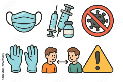 Coronavirus prevention icon set. Healthcare and safety symbols for pandemic awareness. Includes face mask, vaccine, syringe, gloves, social distancing, and stop virus sign. Vector.