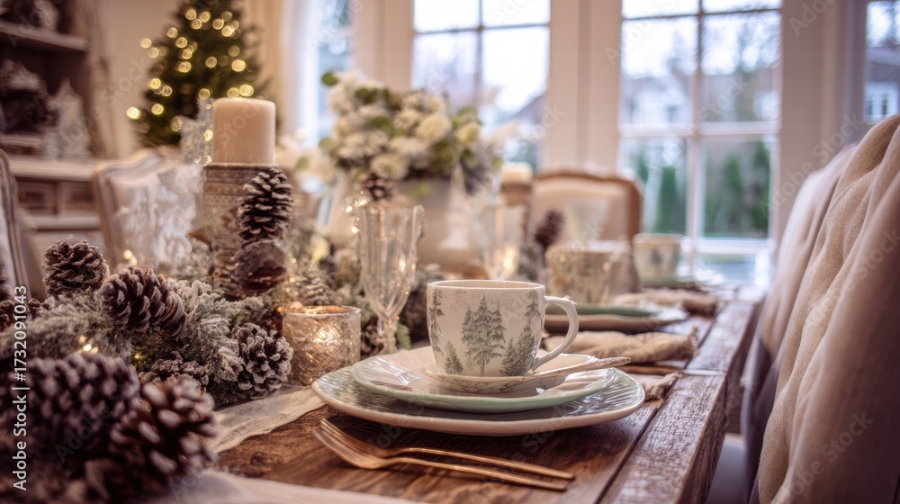 Fototapeta premium Christmas feast table with traditional holiday food and festive decor.