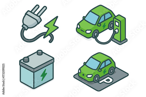 Set of isometric electric car charging icons. Includes EV at a charge station with plug, power battery symbol, and car parking sign. Green energy and eco transport vector concept.