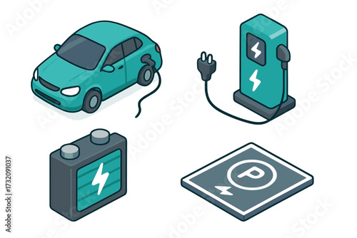 Isometric electric car charging icon set. Vector illustration of EV charger station, plug, battery, and parking sign. Eco friendly transport, e-mobility and green energy concept.