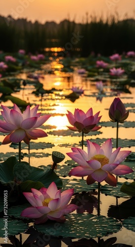 Lotus Flowers Blooming on a Pond at Sunset.