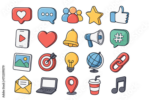 Social media marketing icon collection. Cartoon 3D vector set. Communication and lifestyle symbols. Like, comment, share, notification bell, hashtag, follower, target, idea.