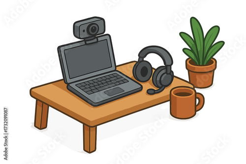Isometric home office workspace for remote work and business communication. Vector cartoon illustration of a desk with laptop, webcam, headphones, coffee mug, and plant.