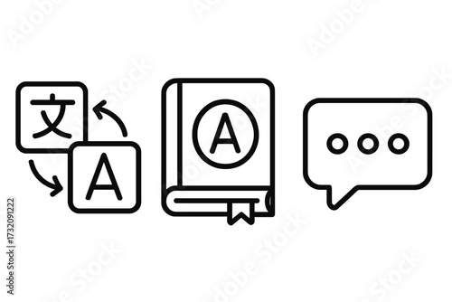Language and communication icon set for translation, learning, and vocabulary. Vector line art dictionary, multilingual chat bubble, and translator service symbols for app design.