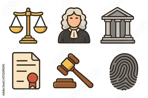 Law and justice vector icon set. Collection of legal symbols including scales, judge, courthouse, document, gavel, and fingerprint. Flat cartoon illustration for court, crime, trial concepts.