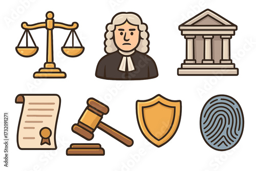 Law and justice vector icon set with judge, gavel, and courthouse. Legal concept symbols for crime, court, and judgment. Scales, document, shield, and fingerprint icons.