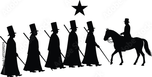 Historical silhouette illustration of soldiers marching, leader on horseback, military parade scene with star symbol, vintage army formation vector design