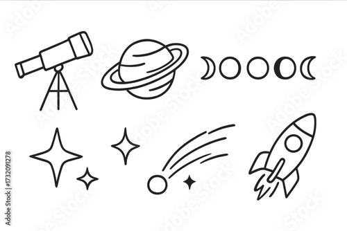 Linear astronomy icon set with telescope, planet, moon phases, stars, comet, and rocket. Vector cartoon doodle illustration. Space and science objects collection for design.