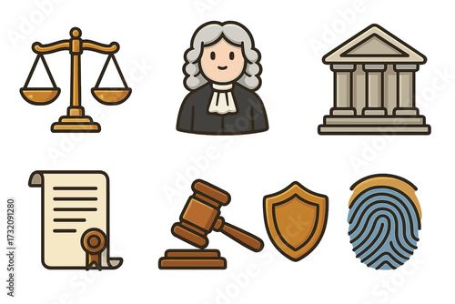 Law and justice icons set with scales, judge, courthouse, legal document, gavel, shield, fingerprint. Vector cartoon for court, crime, lawyer, police and legal concepts.