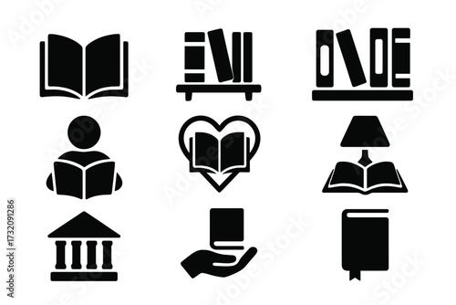 Library and education vector icon set. Black solid glyphs of books, reading, and learning. Symbols for knowledge, study, university, bookstore, reader, and bookshelf.