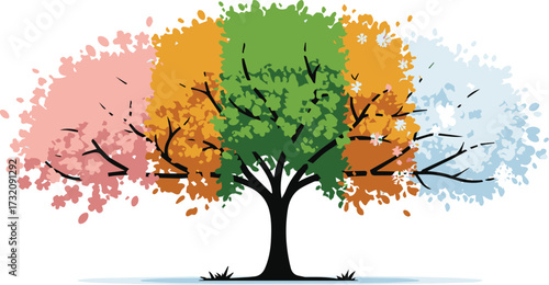 Stylized tree graphic depicting the annual cycle of nature with spring blossoms, summer green, autumn colors, and winter branches