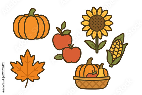 Autumn harvest vector icon set. Minimal cartoon illustration of fall elements like pumpkin, sunflower, apples, corn, and maple leaf. For Thanksgiving and seasonal design.