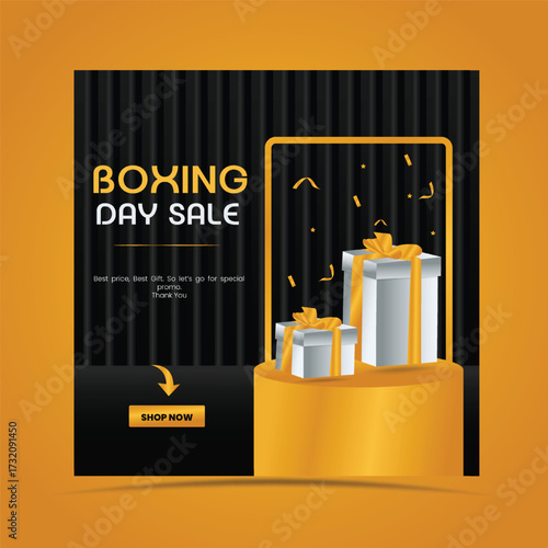 Boxing day sale social media post design with opened gift box. free stock illustration for greeting card, ad, promotion, poster, flier, blog, article, social media, marketing