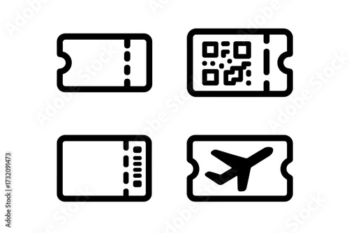 Ticket icon set vector. Boarding pass, QR code, coupon. Travel, flight, event admission concept. Digital pass identification symbol. Minimalist line art illustration.