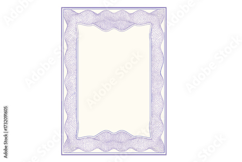 Guilloche border vector background. Blank A4 paper for certificate, diploma, award, or ticket. Purple security frame for official documents, securities, money design, or voucher.