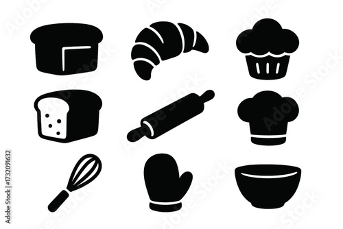 Bakery silhouette icon set. Baking essentials and tools. Vector graphic icons of bread, croissant, cupcake, rolling pin, chef hat, whisk, oven mitt, bowl for cooking and pastry.