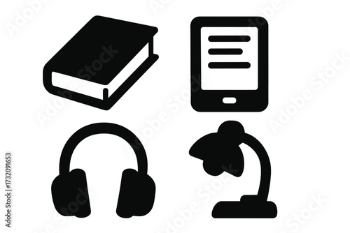 Set of silhouette icons for reading and learning. Book, e-reader, audiobook headphones, and lamp. Concept for library, education, study, literature, e-learning, knowledge.