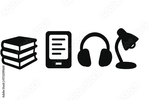 Reading icon set with books, e-reader, audiobook headphones, and lamp. Vector silhouette for library, education, learning, and literature. Knowledge and study symbols.