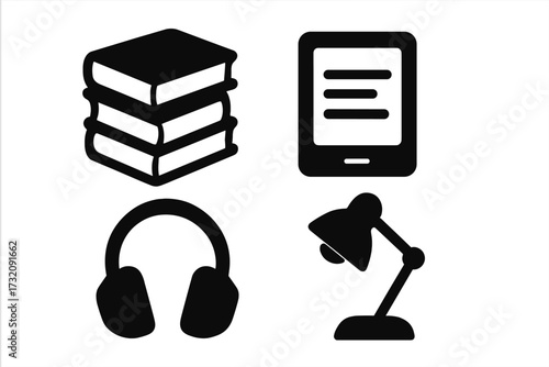 Education and learning icon set. Stack of books, e-reader, headphones for audiobooks, and study lamp. Vector silhouettes for library, literature, and knowledge concepts.