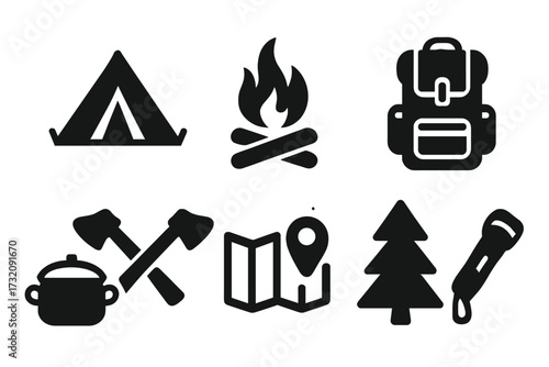 Camping icons set for outdoor adventure. Hiking gear silhouette collection. Vector elements for travel and tourism design. Forest survival equipment symbols. Camp, bonfire, tent.