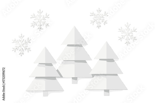 Christmas greeting card in paper cut style. Elegant geometric minimalist banner with 3D origami Xmas trees and snowflakes. Happy New Year trendy design for the winter holidays.