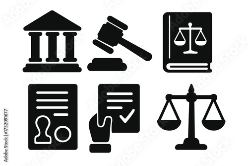 Justice and law vector icon set. Silhouette symbols of legal system. Courthouse, judge gavel, law book, contract, verdict and scales. Court, crime, trial and judgment concept.