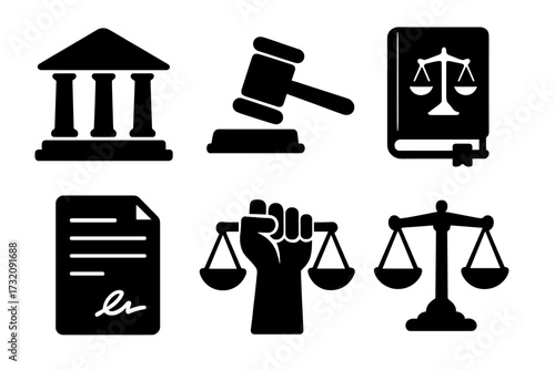 Law and justice vector icon set. Collection of black silhouette symbols for the legal system. Courthouse, judge gavel, law book, contract, verdict, and scales of justice icons.