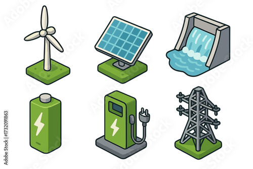 Isometric sustainable energy icon set. Green power sources like wind turbine, solar panel, and hydro dam. Vector icons for electricity storage battery, EV charging station, and grid.