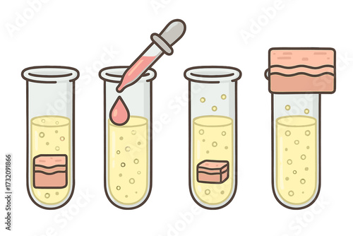 Artificial skin creation process. Tissue engineering concept. Lab-grown skin in test tubes. Biotechnology research experiment. Regenerative medicine. Cell culture vector illustration set.