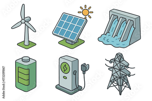 Isometric sustainable energy icon set. Wind turbine, solar panel, hydro power dam, battery storage, EV charging station, and electric grid pylon. Green energy vector concept.