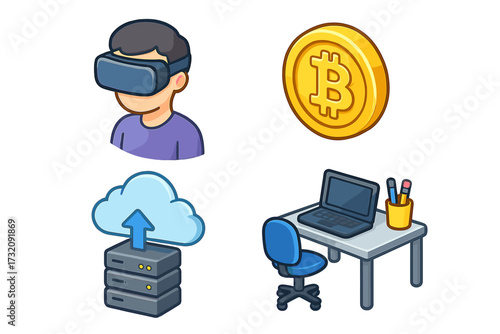 Tech icon collection. Virtual reality, metaverse concept. Cryptocurrency, bitcoin, blockchain. Cloud computing, data server. Home office, remote work. Vector cartoon illustration set.