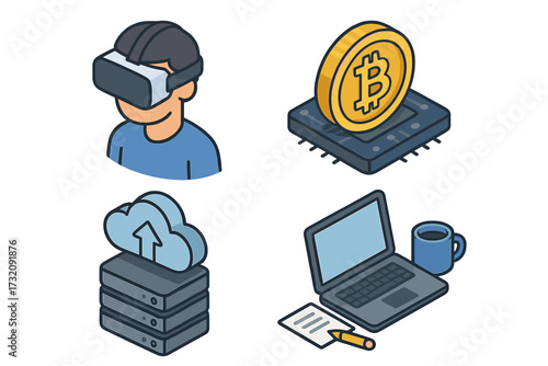 Technology icon collection in isometric style. Virtual reality headset, Bitcoin cryptocurrency, cloud computing server, and remote office work elements. Vector cartoon illustration.