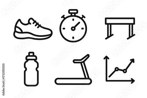 Minimalist fitness icons set featuring running shoe, stopwatch, hurdle, treadmill, water bottle, and progress graph vector illustration, sports and exercise concept