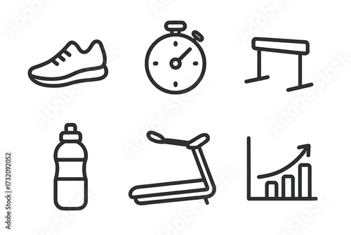 Minimalist fitness icons set with running shoe, stopwatch, hurdle, treadmill, water bottle, and progress graph, vector cartoon illustration, workout, exercise, training concepts