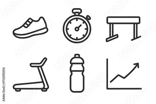 Minimalist fitness icons set with running shoe, stopwatch, hurdle, treadmill, water bottle, and progress graph, vector cartoon illustration, transparent background, ordered design
