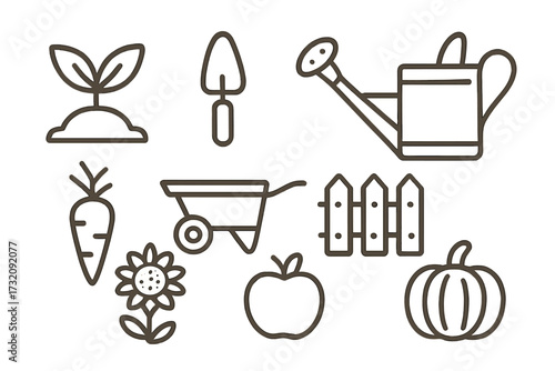 Minimalist linear garden and harvest icons set with carrot, pumpkin, apple, sunflower, watering can, wheelbarrow, trowel, seedling, fence illustration, agriculture symbols