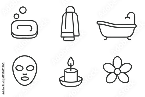 Minimalist line art bathroom and spa icons set with soap, towel, bathtub, facial mask, scented candle, flower, wellness symbols, relaxation and self-care essentials vector illustration