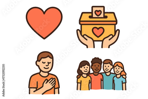 Volunteer and charity icons set. Heart, donor box, gratitude, community. Concept of giving, support, help, love, donation, teamwork. Social work. Vector cartoon illustration.