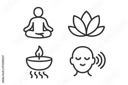 Minimalist meditation icons set for yoga and relaxation themes, vector cartoon illustration with transparent background, including lotus flower, candle, calm person, and mindful breathing symbols