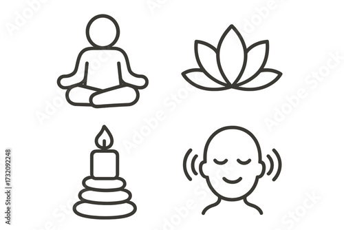 Minimalist meditation icons for yoga and relaxation themes, vector cartoon illustration set with lotus flower, candle, meditation pose, calm smiling face, transparent background