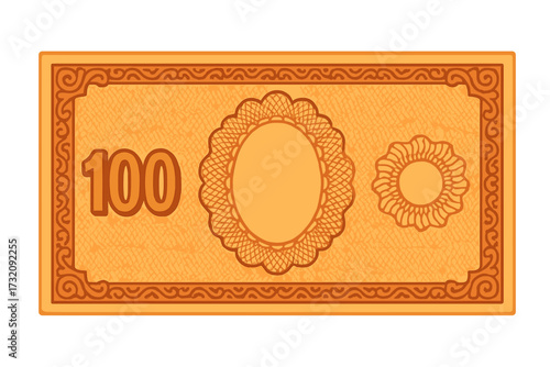 Orange voucher template, banknote design with guilloche pattern. Blank 100 value gift certificate or coupon. Money currency security border. Financial award diploma vector.