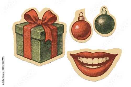 Vintage Christmas collage elements set. Retro halftone texture design kit with torn paper magazine clippings. New Year scrapbook stickers: gift box, ornaments, smiling mouth.