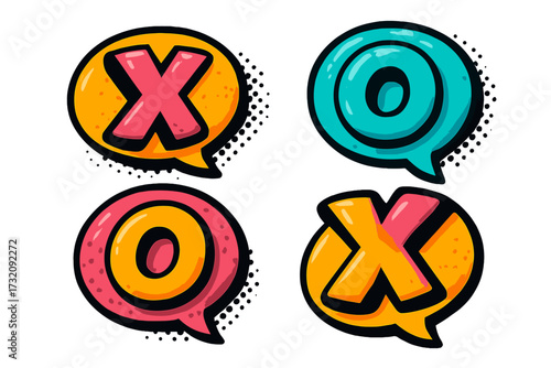 Xoxo lettering in speech bubbles comic book style. Cool pop art stickers and labels set. Retro 3d cartoon illustration for love, affection, valentine and chat messages. Vector.