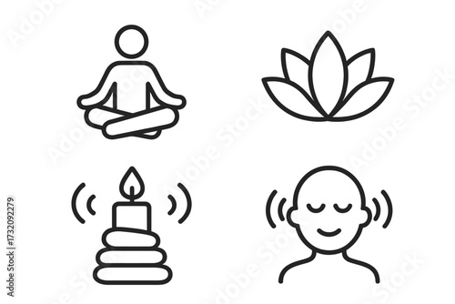 Minimalist meditation icons set for yoga and relaxation, vector cartoon illustration with transparent background, lotus flower, person meditating, candle, mindfulness symbol