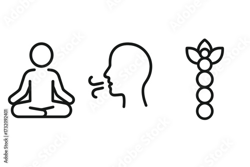 Minimalist mindfulness icons set with meditation pose, breathing exercise, chakra symbols, spiritual wellness, relaxation, calmness, yoga practice, and mental health vector illustration