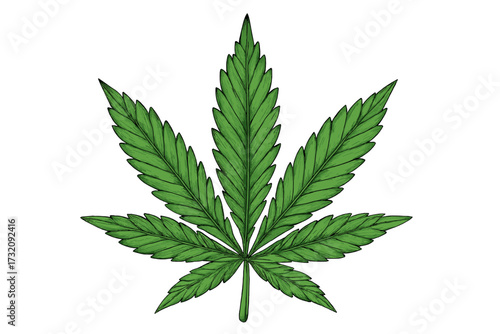 Marijuana leaf vector illustration. Green cannabis plant symbol. Detailed weed icon for medical or recreational concepts. Isolated natural hemp graphic design element. Ganja art.