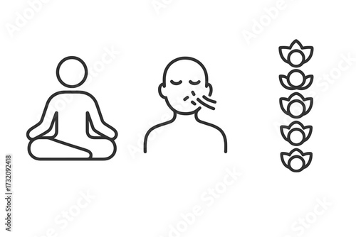 Minimalist mindfulness icons set with meditation posture, deep breathing exercise, and seven chakra symbols, wellness and mindfulness vector cartoon illustration with transparent background