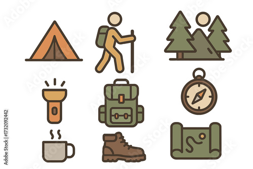 Minimalist outdoor adventure icons set camping tent, hiking backpack, forest trees, compass, map, hiking boots, flashlight, and hot coffee cup vector cartoon illustration for exploration