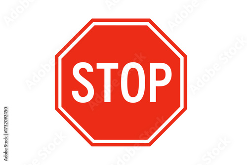 Red stop sign vector illustration. Octagon traffic control symbol for safety and warning. Road regulation icon isolated on white. Concept of prohibition, danger, and halt.